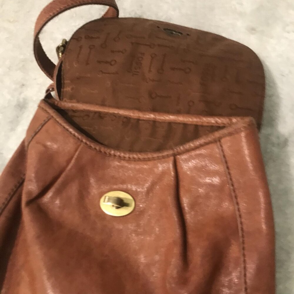 Fossil Crossbody Bag‎ Womens Brown Leather Turnlock Key Charm Pocket Organizer - Picture 6 of 11